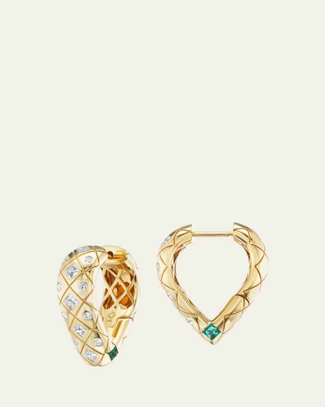Mama Bliss Hoop Earrings in 18K Yellow Gold with Diamonds and Emeralds